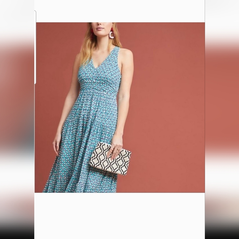Anthropologie Teal Patterned Maxi Dress